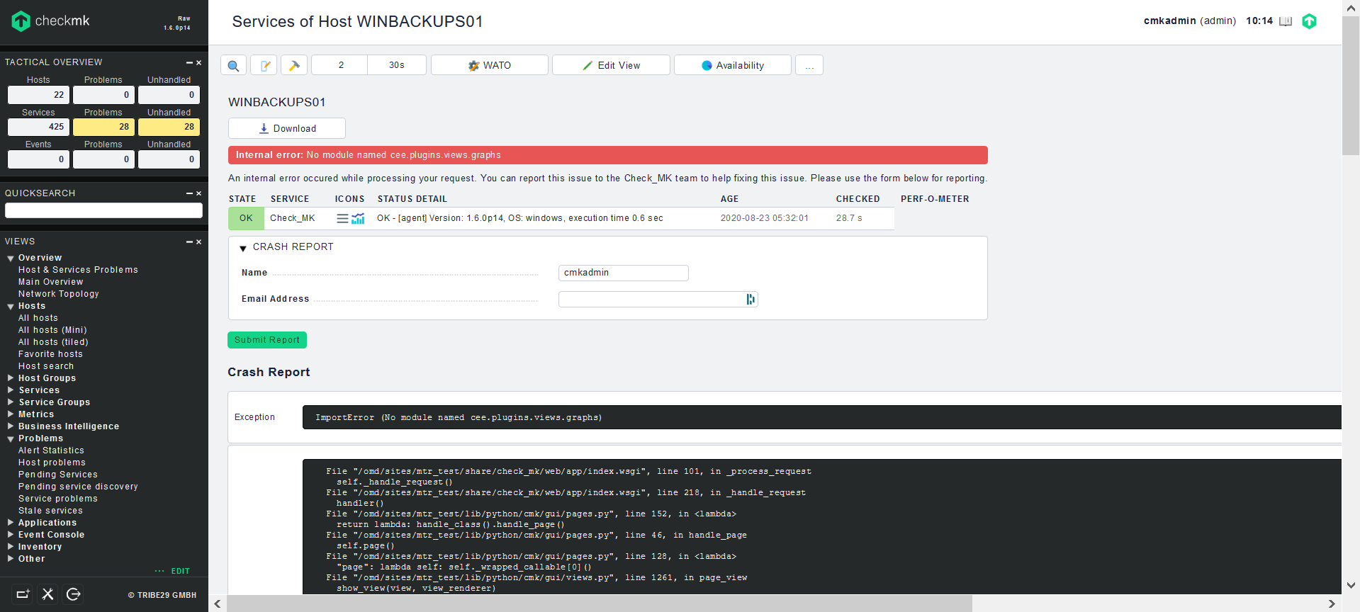 Internal Error No Module Named Cee Plugins Views Graphs An Internal Error Occured While Processing Your Request You Can Report This Issue To The Check Mk Team To Help Fixing This Issue Please Use The Form